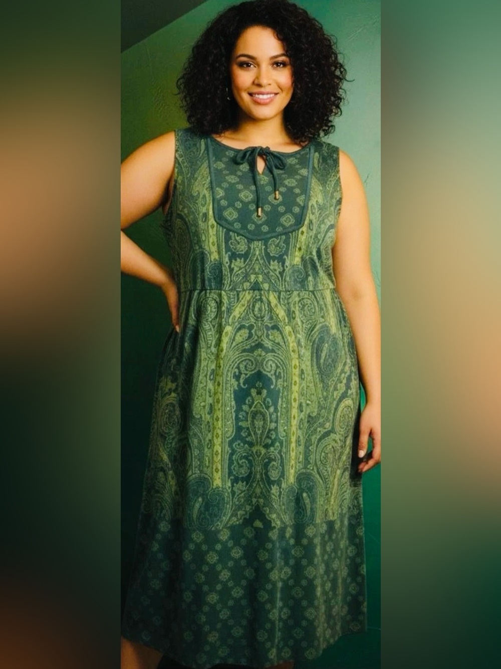 Isaac Mizrahi Green Paisley Sleeveless  Dress (M) NEW